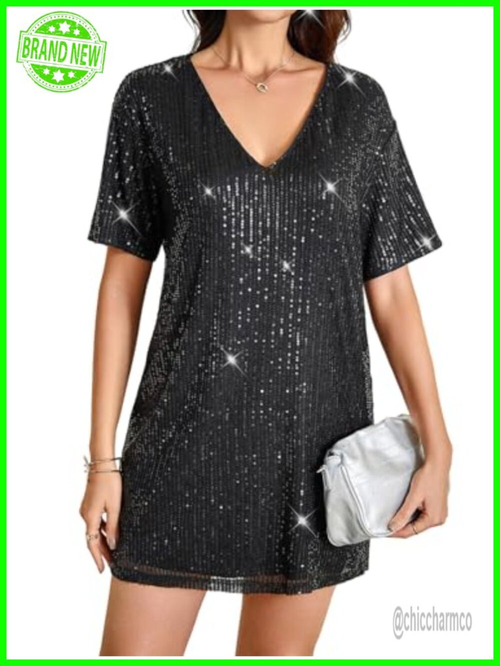 Women's Sequin Sparkly Short Sleeve Tunic Dress Glitter Cocktail Party